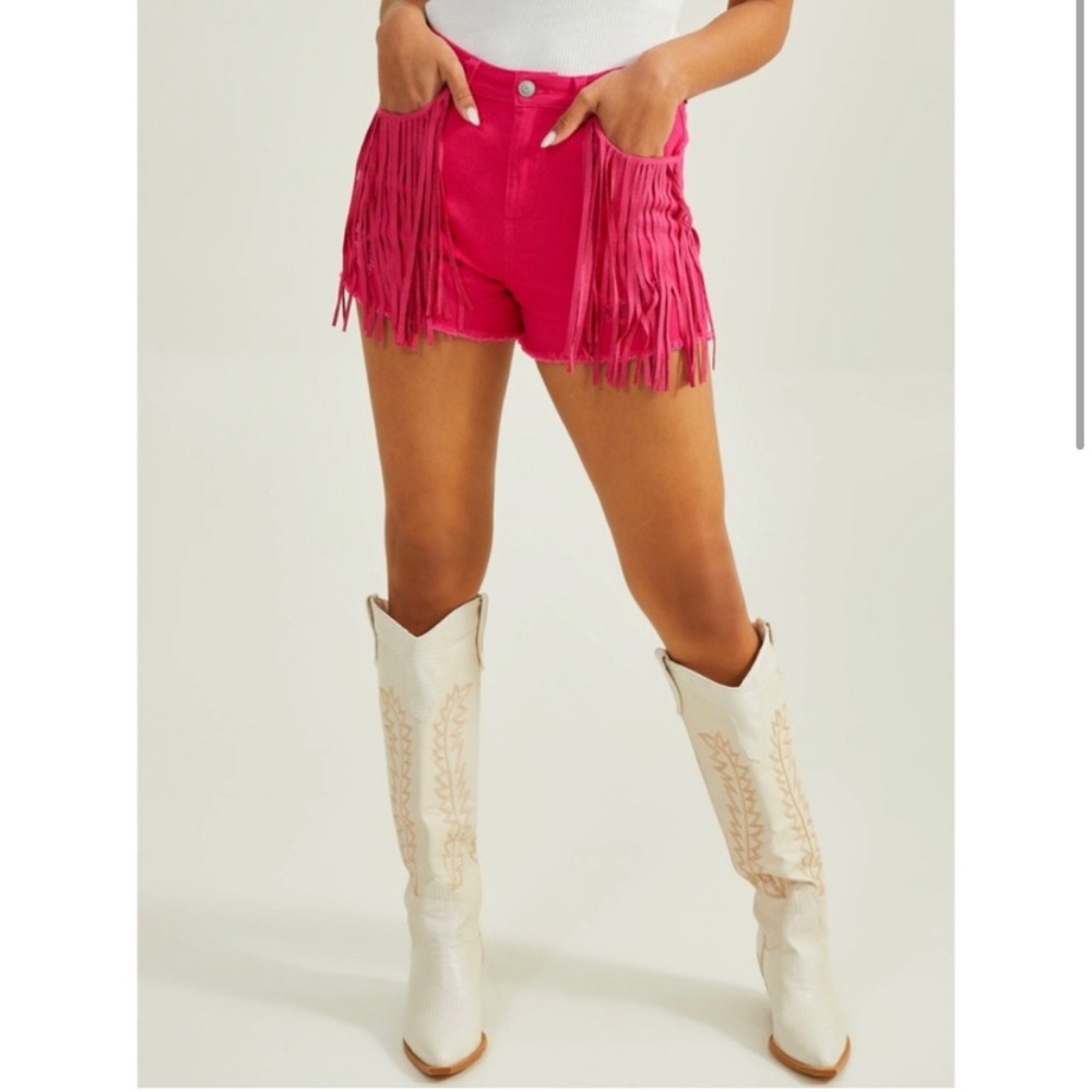 Altar’d State Hot Pink Fringe Jean Shorts